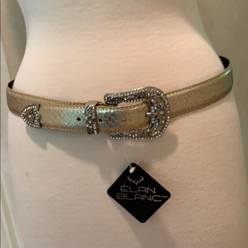 Metallic Gold Snake Print Belt with Crystal Buckle